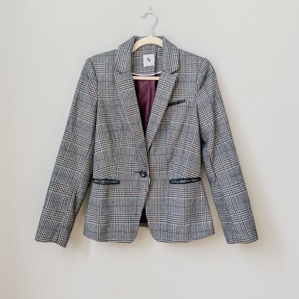 Women's Gray Collegiate Tu Plaid Tweed Fitted Blazer Fall Schoolgirl